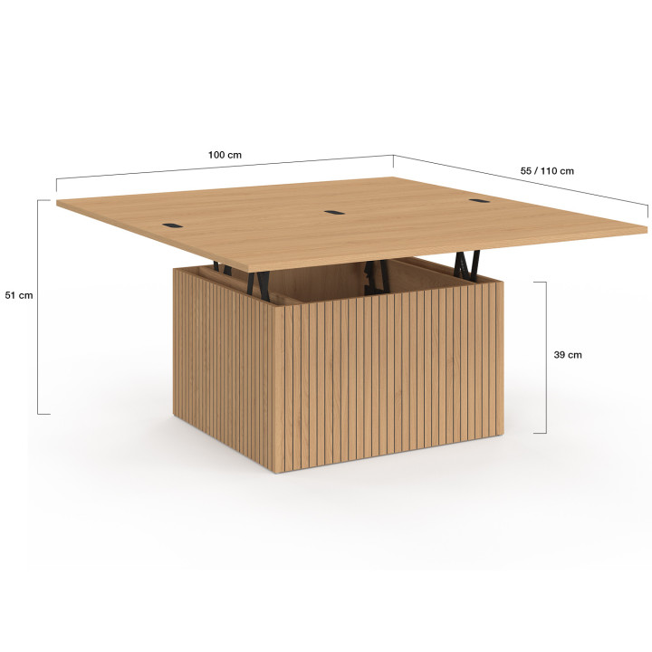 Rechthoekige salontafel met opklapbaar blad, omvormbaar tot eettafel JULIETTE, 100 cm, houten lamelleneffect