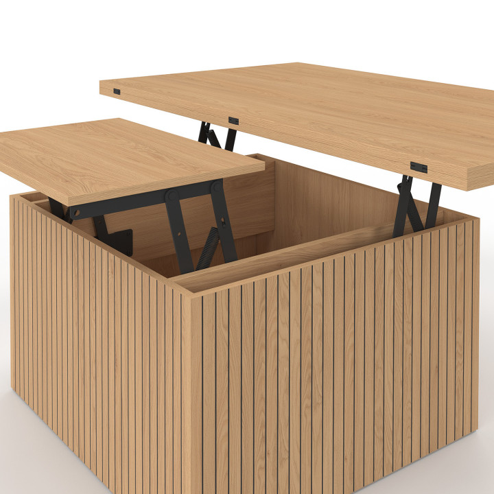 Couchtisch mit rechteckiger Hubplatte, umwandelbar in einen Esstisch JULIETTE 100 cm Latteneffekt Holzleisten