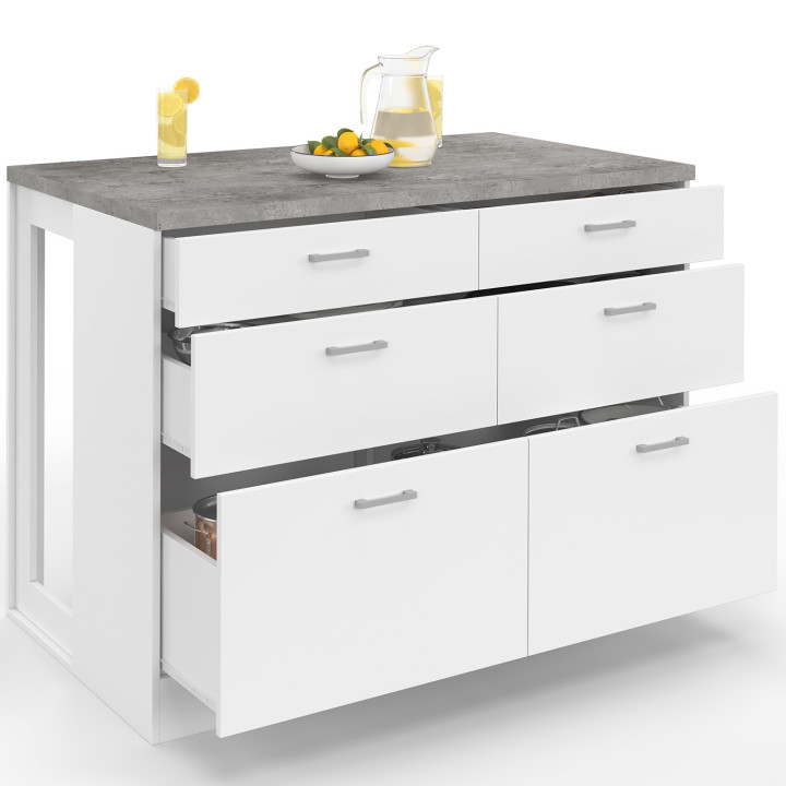 Ilot central mange-debout ORSO 120 cm casserolier 6 tiroirs blanc et plateau effet béton