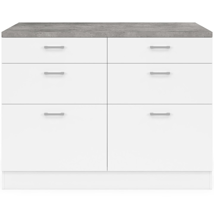 Ilot central mange-debout ORSO 120 cm casserolier 6 tiroirs blanc et plateau effet béton