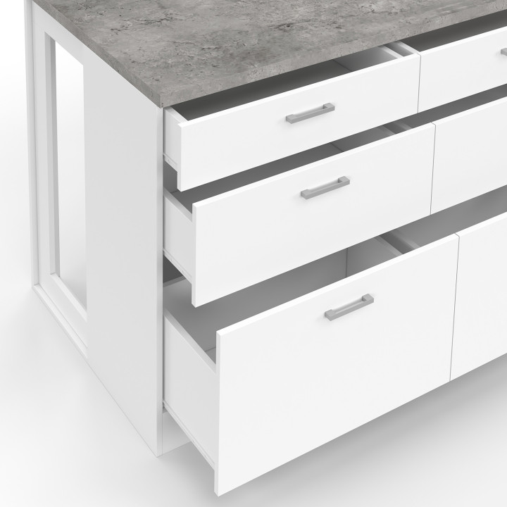 Ilot central mange-debout ORSO 120 cm casserolier 6 tiroirs blanc et plateau effet béton