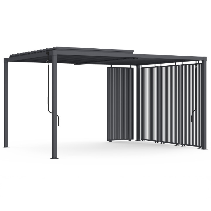 Pergola bioclimatica a lamelle orientabili in acciaio 3x4 M con tende verticali grigio antracite