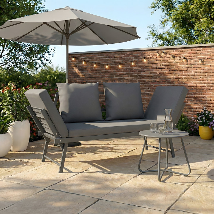Sofá de jardín NOLA de 2/3 plazas y banco convertible con reposabrazos reclinables de metal y cojines gris antracita