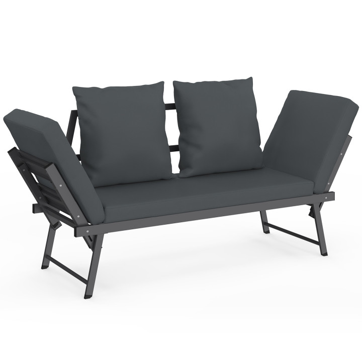 Canapé de jardin, banquette convertible NOLA 2/3 places avec accoudoirs inclinables métal et coussins gris anthracite
