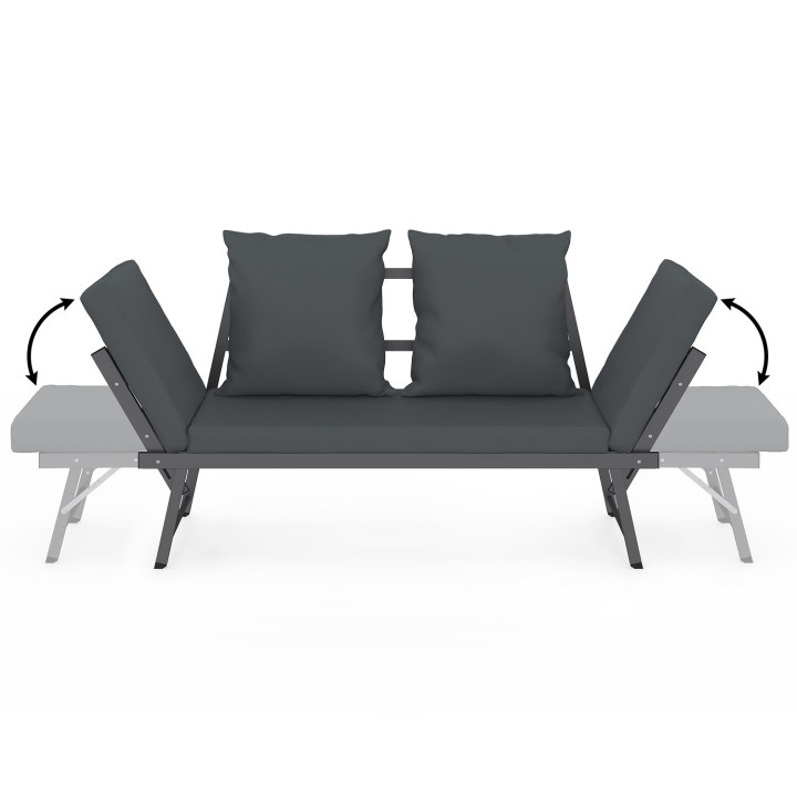 Sofá de jardín NOLA de 2/3 plazas y banco convertible con reposabrazos reclinables de metal y cojines gris antracita