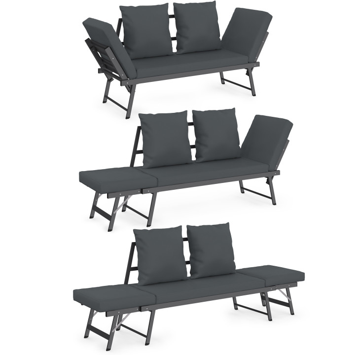 Canapé de jardin, banquette convertible NOLA 2/3 places avec accoudoirs inclinables métal et coussins gris anthracite
