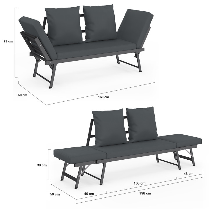 Sofá de jardín NOLA de 2/3 plazas y banco convertible con reposabrazos reclinables de metal y cojines gris antracita