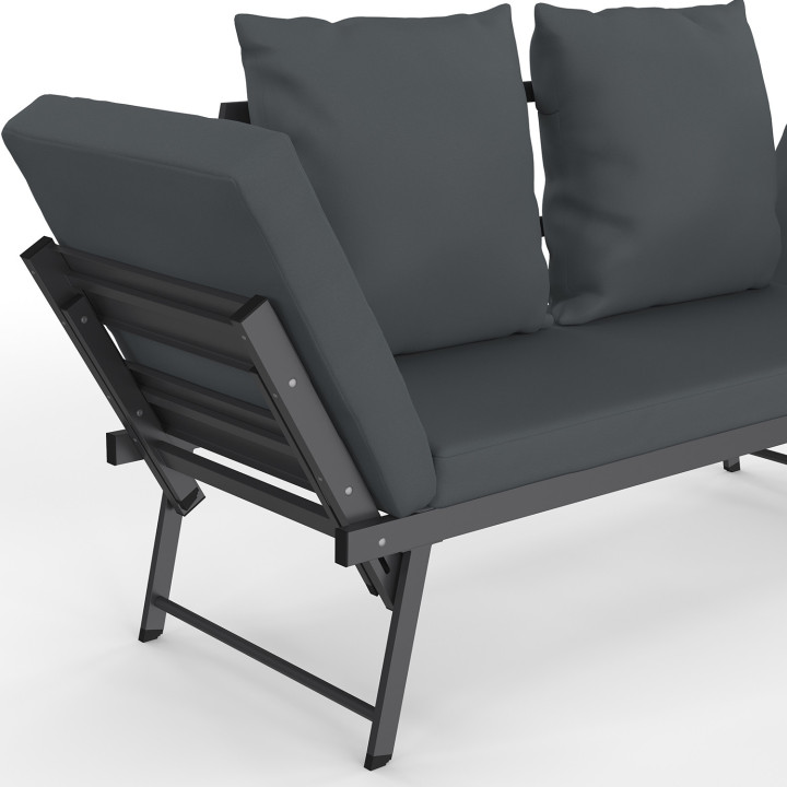 Sofá de jardín NOLA de 2/3 plazas y banco convertible con reposabrazos reclinables de metal y cojines gris antracita