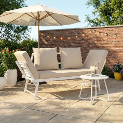 Canapé de jardin, banquette convertible NOLA 2/3 places avec accoudoirs inclinables métal blanc et coussins beige