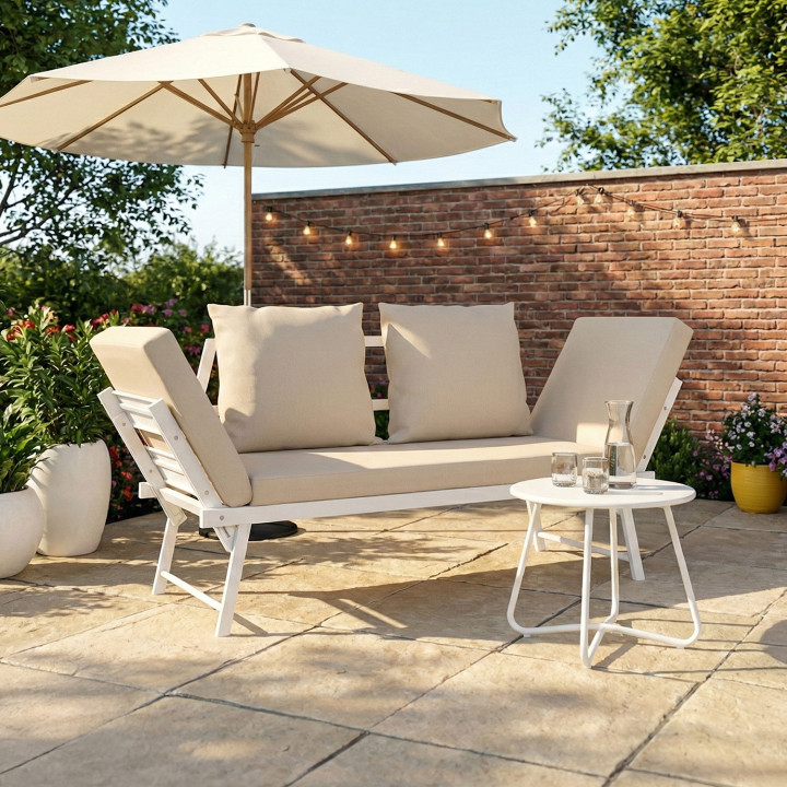 Sofá de jardín, banco convertible de 2/3 plazas NOLA con reposabrazos reclinables de metal blanco y cojines beige