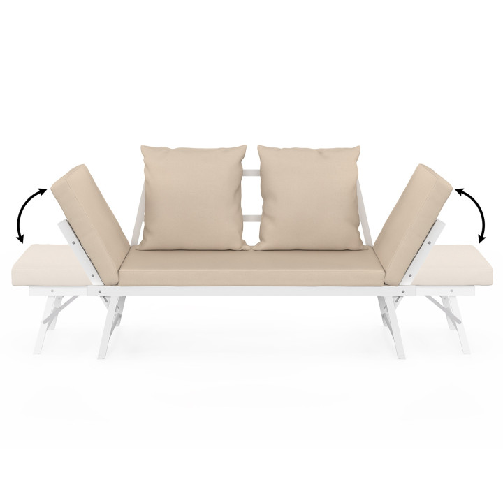 Canapé de jardin, banquette convertible NOLA 2/3 places avec accoudoirs inclinables métal blanc et coussins beige