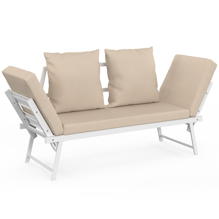 Gartensofa, umwandelbare Bank NOLA 2/3-Sitzer mit neigbaren Armlehnen weißes Metall und beige Kissen