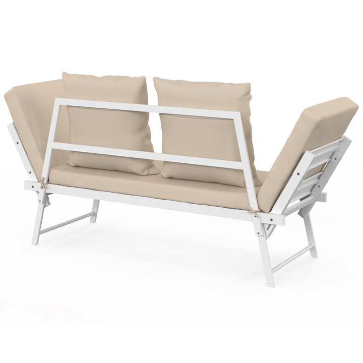 Sofá de jardín, banco convertible de 2/3 plazas NOLA con reposabrazos reclinables de metal blanco y cojines beige