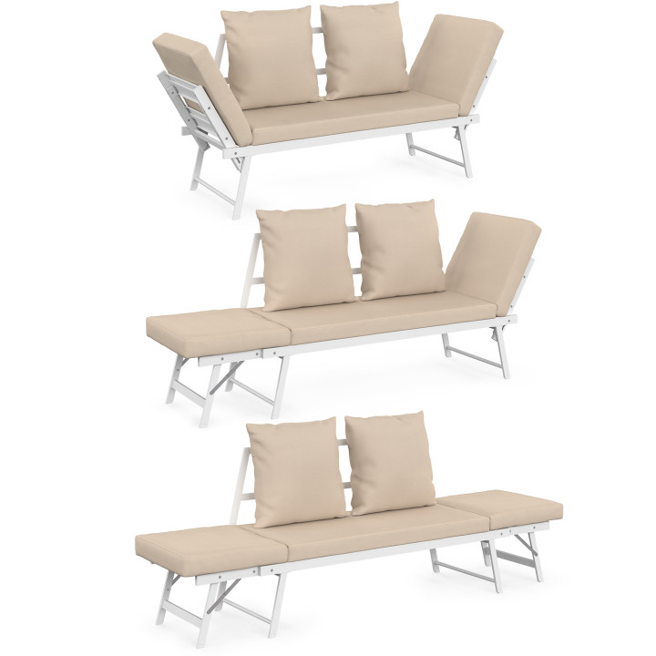 Sofá de jardín, banco convertible de 2/3 plazas NOLA con reposabrazos reclinables de metal blanco y cojines beige