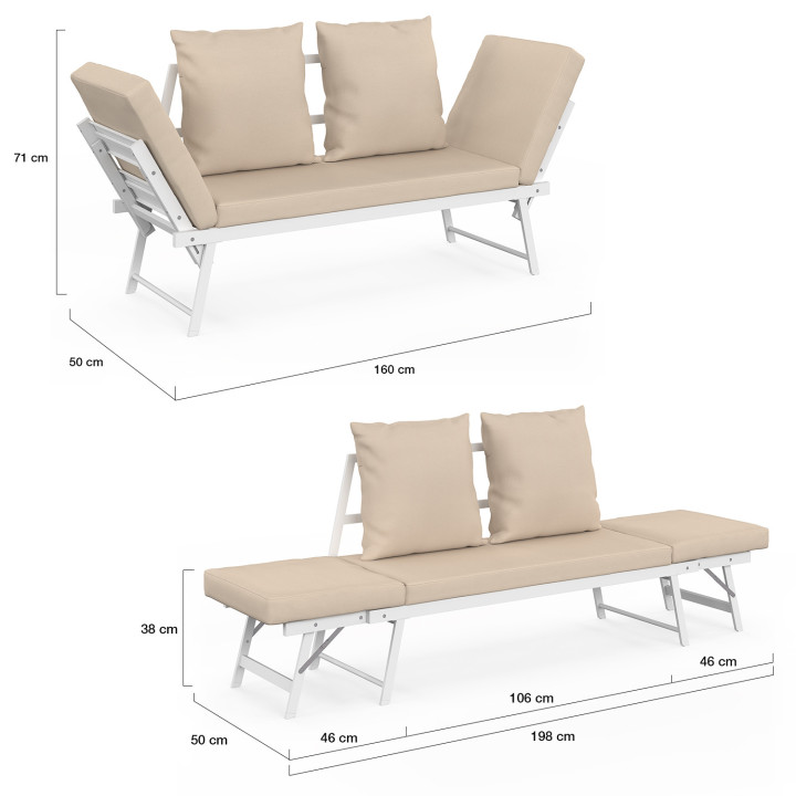 Canapé de jardin, banquette convertible NOLA 2/3 places avec accoudoirs inclinables métal blanc et coussins beige