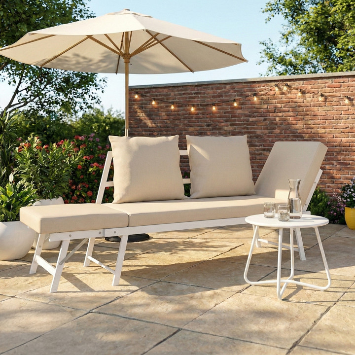 Sofá de jardín, banco convertible de 2/3 plazas NOLA con reposabrazos reclinables de metal blanco y cojines beige