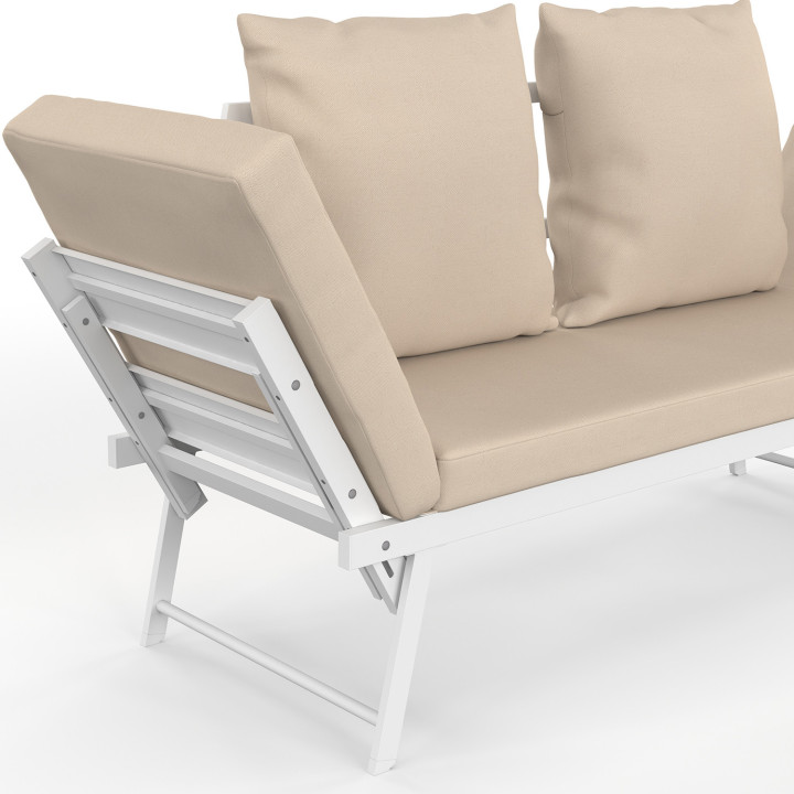 Sofá de jardín, banco convertible de 2/3 plazas NOLA con reposabrazos reclinables de metal blanco y cojines beige
