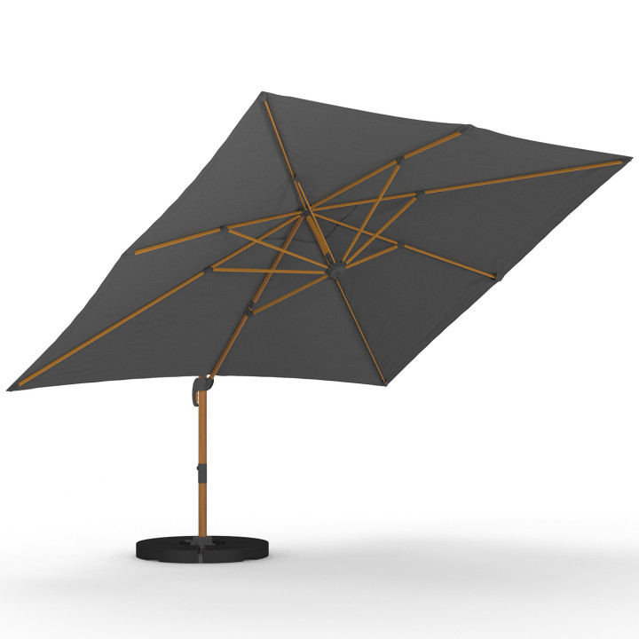 Parasol déporté inclinable rotatif 360 CALVI mat effet bois et toile grise 3X4M avec housse