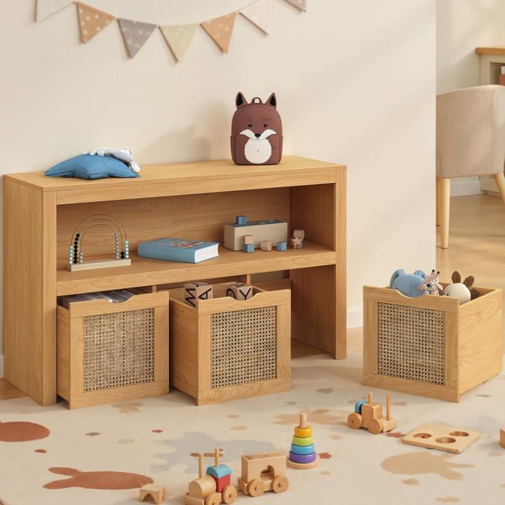Contenitore per bambini EDHEN in legno e canna con 3 cassetti a cubo su rotelle