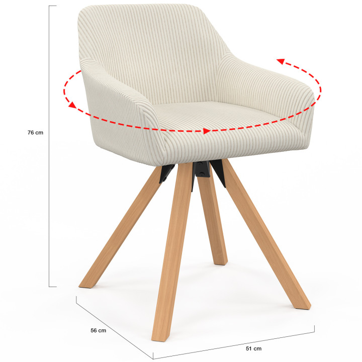 Lot de 2 chaises pivotantes de salle à manger, fauteuils de table JANY en velours côtelé beige