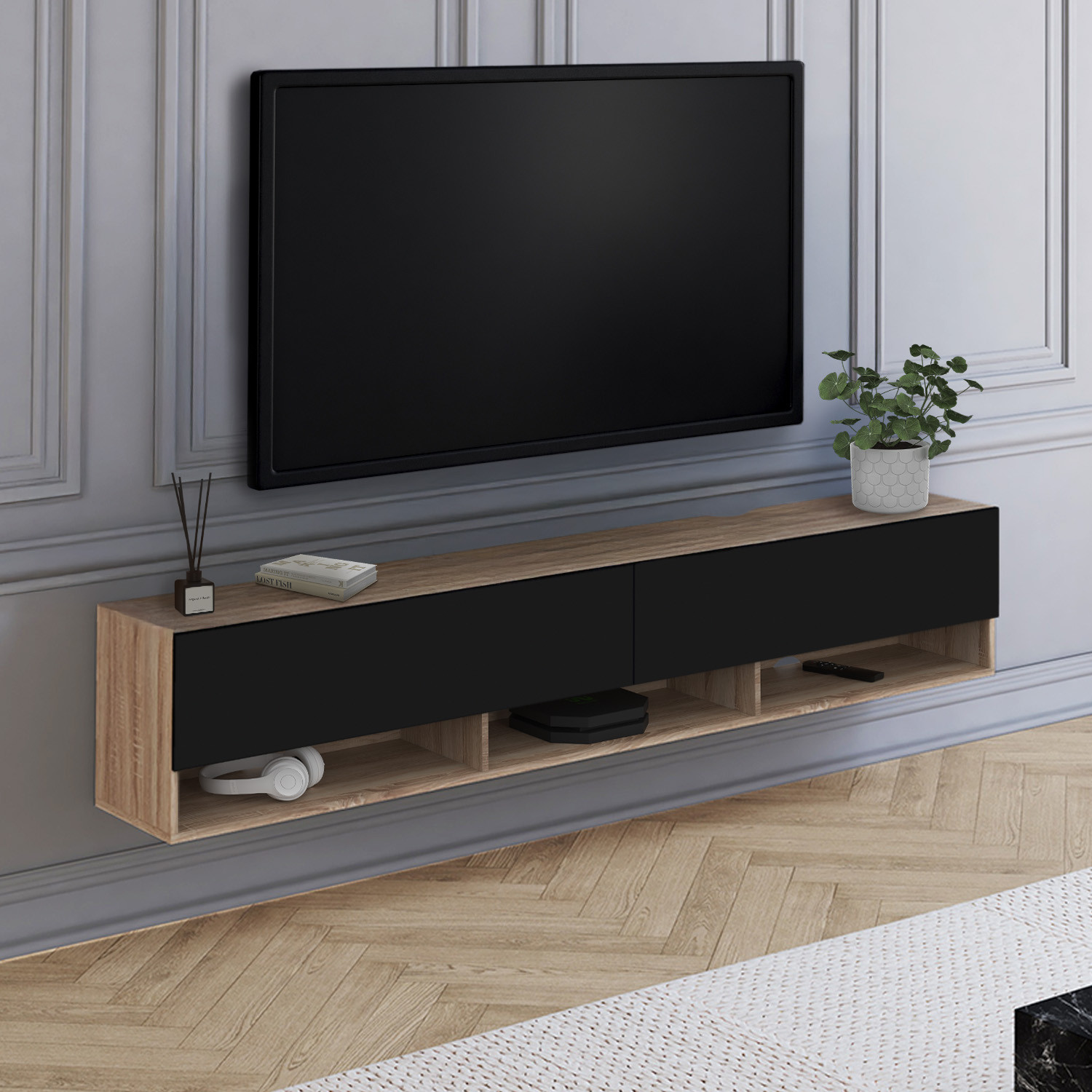 Meuble TV suspendu noir et bois 180 cm avec étagères