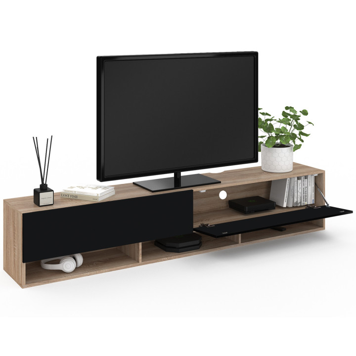 Mueble TV suspendido negro y madera con estantes de 180cm - ELIO | ID Market