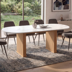 JULIETTE ovale uitschuifbare eettafel 6-10 personen eiken latten poten marmereffect blad 160-200 cm