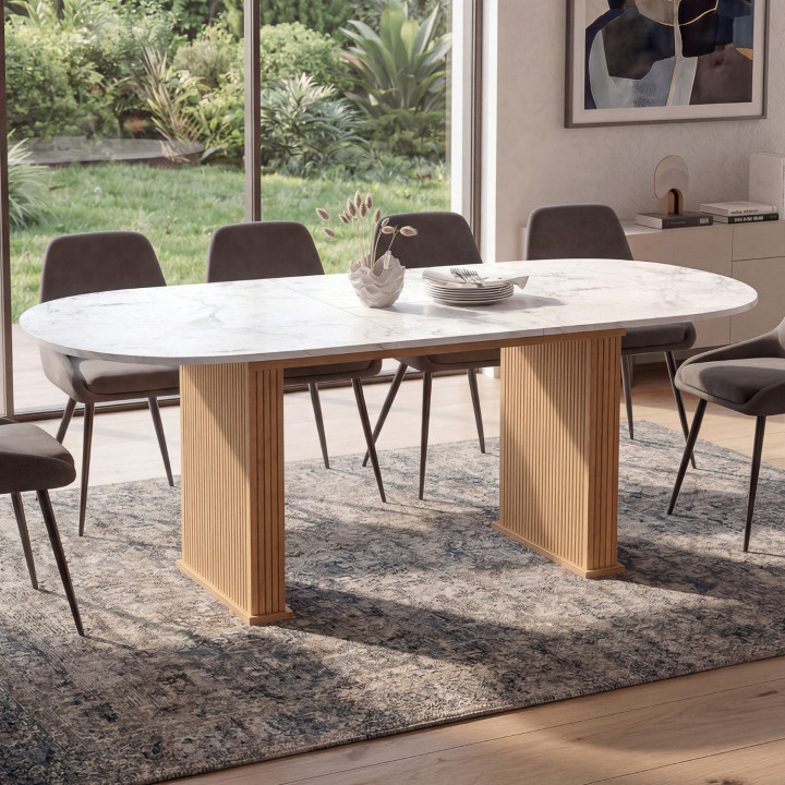 Table à manger extensible ovale JULIETTE 6-10 personnes pieds lattes tasseau bois coloris chêne plateau effet marbre 160-200 cm