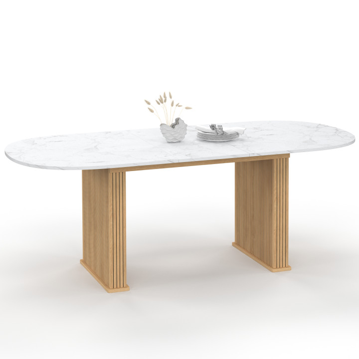 JULIETTE ovale uitschuifbare eettafel 6-10 personen eiken latten poten marmereffect blad 160-200 cm