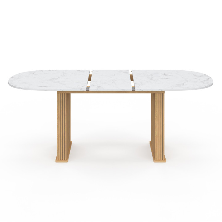 JULIETTE ovale uitschuifbare eettafel 6-10 personen eiken latten poten marmereffect blad 160-200 cm