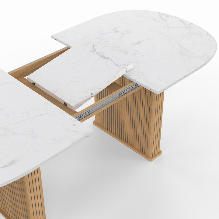 Tavolo da pranzo ovale allungabile JULIETTE 6-10 persone gambe a doghe in rovere piano effetto marmo 160-200 cm