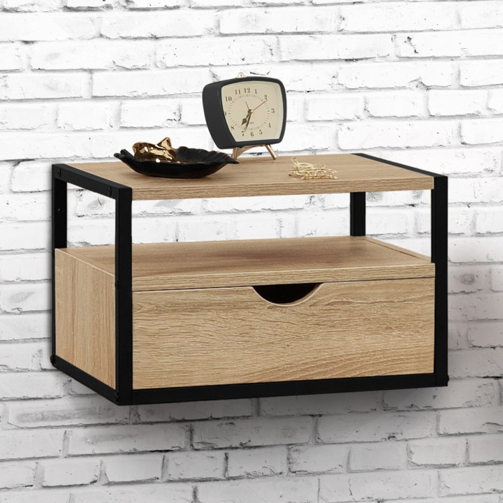 Lot de 2 tables de chevet murales DETROIT 1 tiroir + 1 tablette suspendus bois et métal noir design industriel