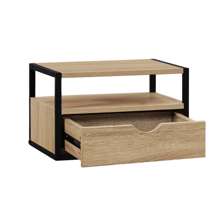 Lot de 2 tables de chevet murales DETROIT 1 tiroir + 1 tablette suspendus bois et métal noir design industriel