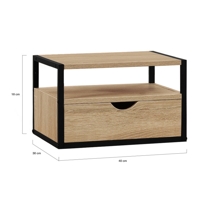 Lot de 2 tables de chevet murales DETROIT 1 tiroir + 1 tablette suspendus bois et métal noir design industriel