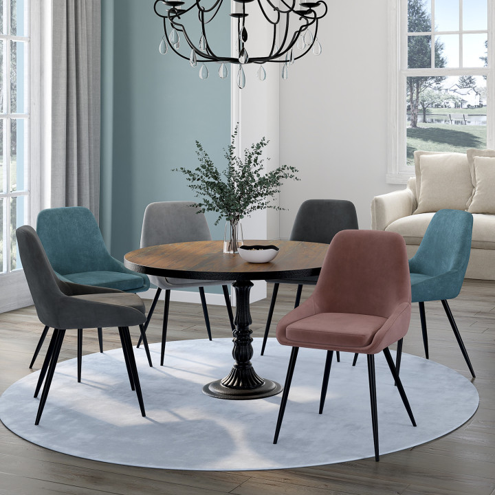 Set di 6 sedie THALYA in velluto misto blu pastello x2, grigio scuro x2, grigio chiaro e rosa con braccioli