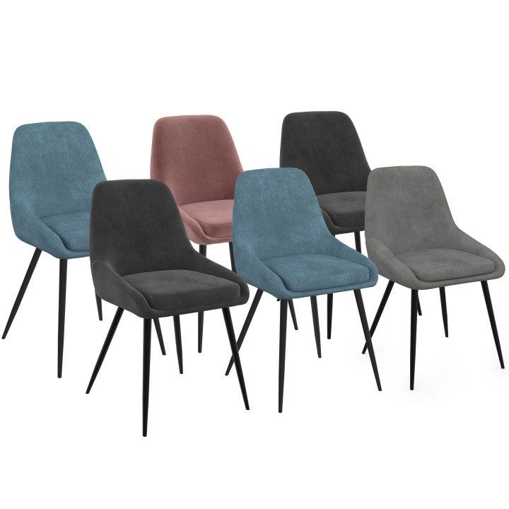 Set di 6 sedie THALYA in velluto misto blu pastello x2, grigio scuro x2, grigio chiaro e rosa con braccioli