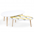 Lot de 2 tables basses gigognes GIGI laquées blanc motifs blanc jaune gris