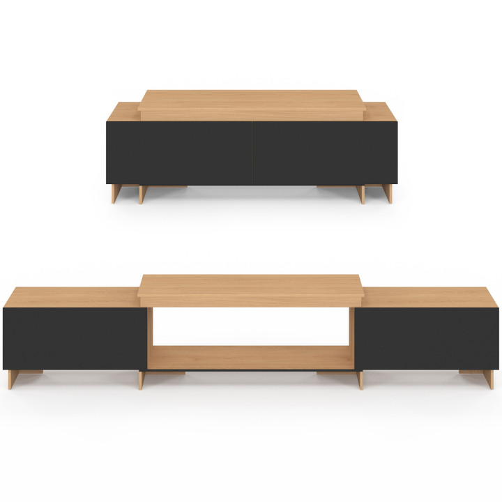 Mueble TV extensible VLAD 2 puertas madera y negro 140-240 cm