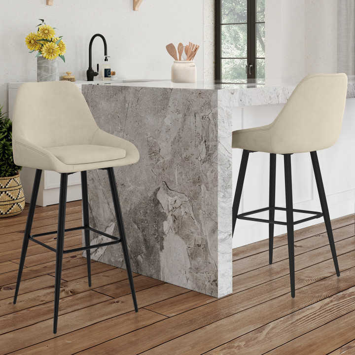 Set van 2 THALYA beige fluwelen barkrukken met halve armleuningen