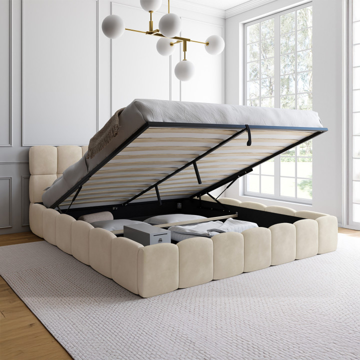 Letto matrimoniale a cassettone NUAGE con testata trapuntata e base in velluto beige 180 x 200 cm