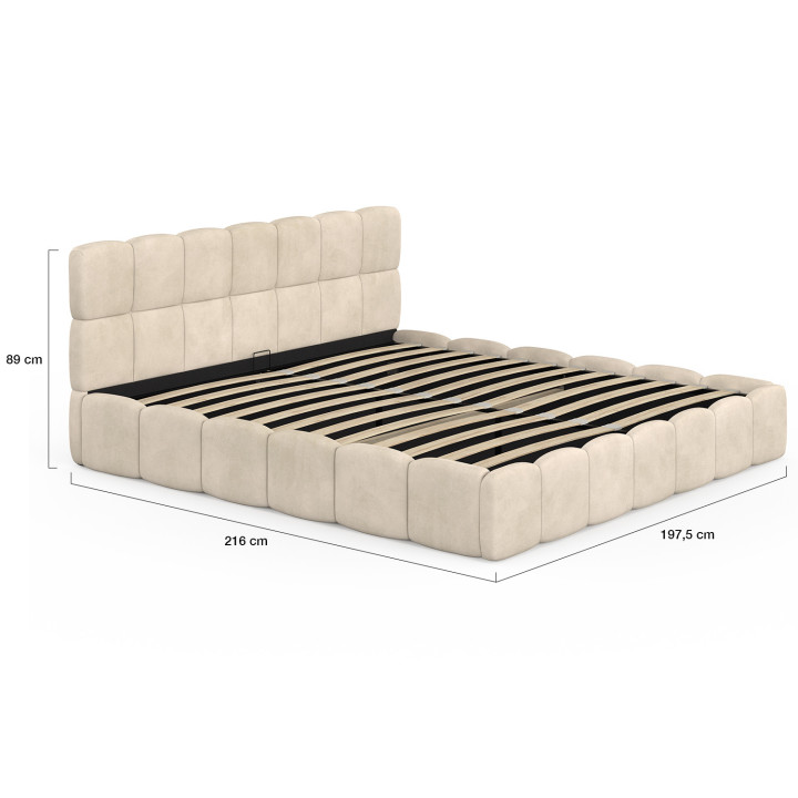 Letto matrimoniale a cassettone NUAGE con testata trapuntata e base in velluto beige 180 x 200 cm