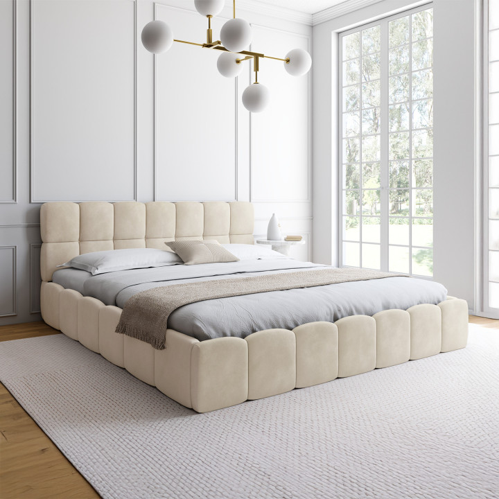 Letto matrimoniale a cassettone NUAGE con testata trapuntata e base in velluto beige 180 x 200 cm