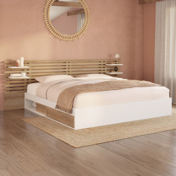 Cama doble SAVANA con cabecero, mesillas de noche, espacio de almacenamiento y somier de haya y blanco de 180 x 200 cm