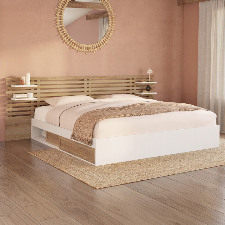 Lit double SAVANA avec tête de lit, chevets, rangements et sommier 180 x 200 cm façon hêtre et blanc