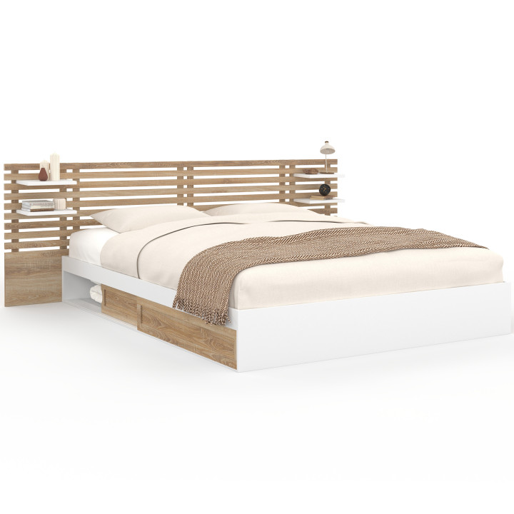 Cama doble SAVANA con cabecero, mesillas de noche, espacio de almacenamiento y somier de haya y blanco de 180 x 200 cm