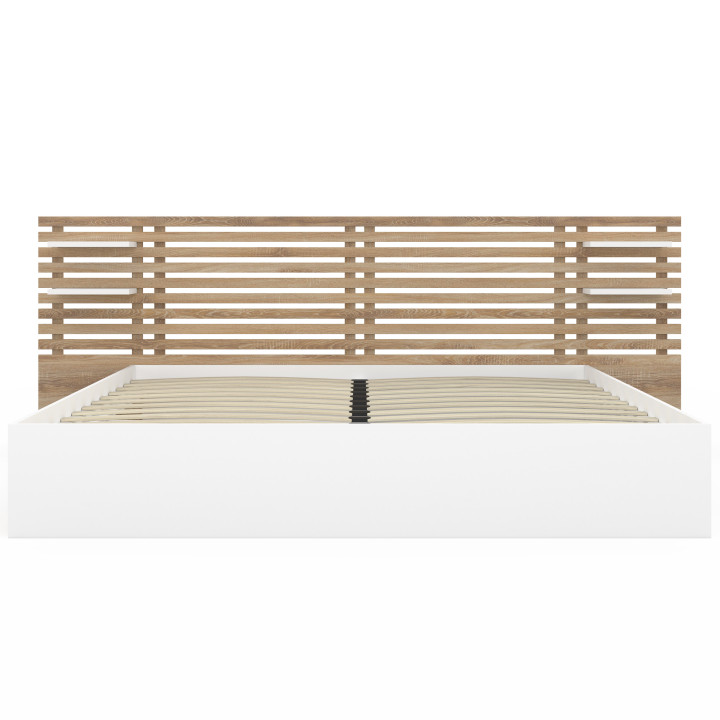 Cama doble SAVANA con cabecero, mesillas de noche, espacio de almacenamiento y somier de haya y blanco de 180 x 200 cm