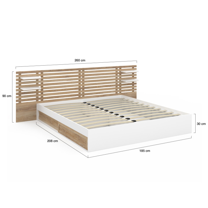 Cama doble SAVANA con cabecero, mesillas de noche, espacio de almacenamiento y somier de haya y blanco de 180 x 200 cm