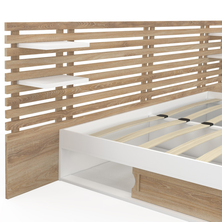 Cama doble SAVANA con cabecero, mesillas de noche, espacio de almacenamiento y somier de haya y blanco de 180 x 200 cm