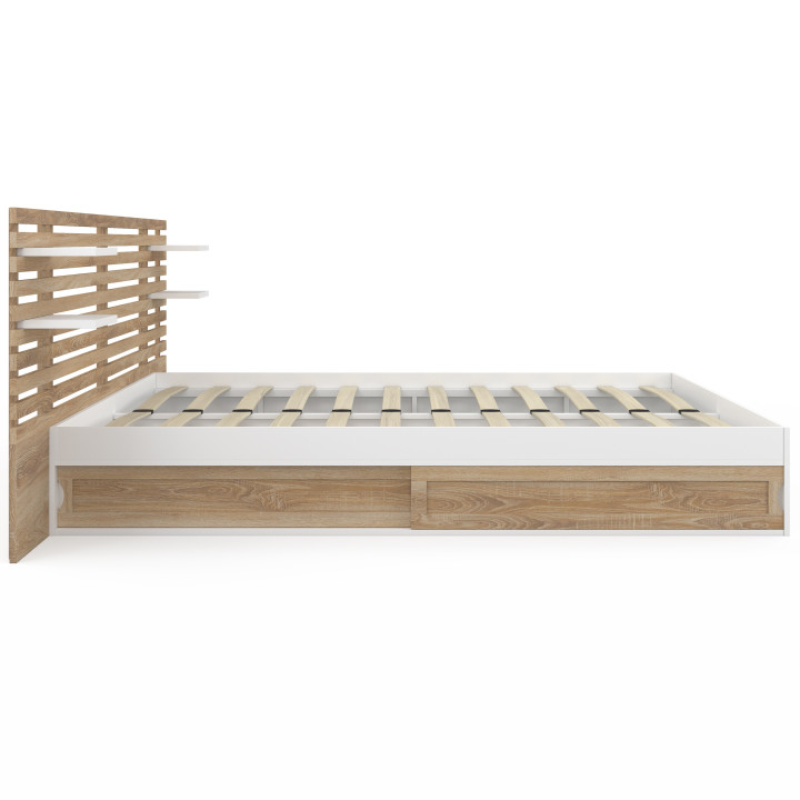 Letto matrimoniale SAVANA con testata, comodini, contenitore e rete 180 x 200 cm in faggio e bianco
