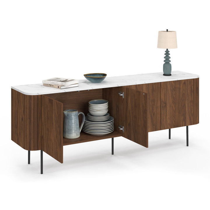Niedriges Sideboard 160 cm 4 Türen in Nussbaumoptik und weißer Marmorplatte - MARLA | IdMarket